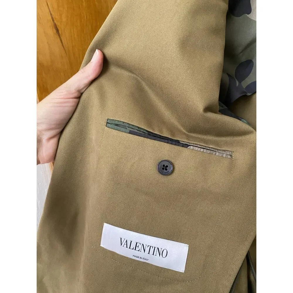 VALENTINO GARAVANI Tan Green Blazer twill sport coat camo lining Size 54 44” Ch